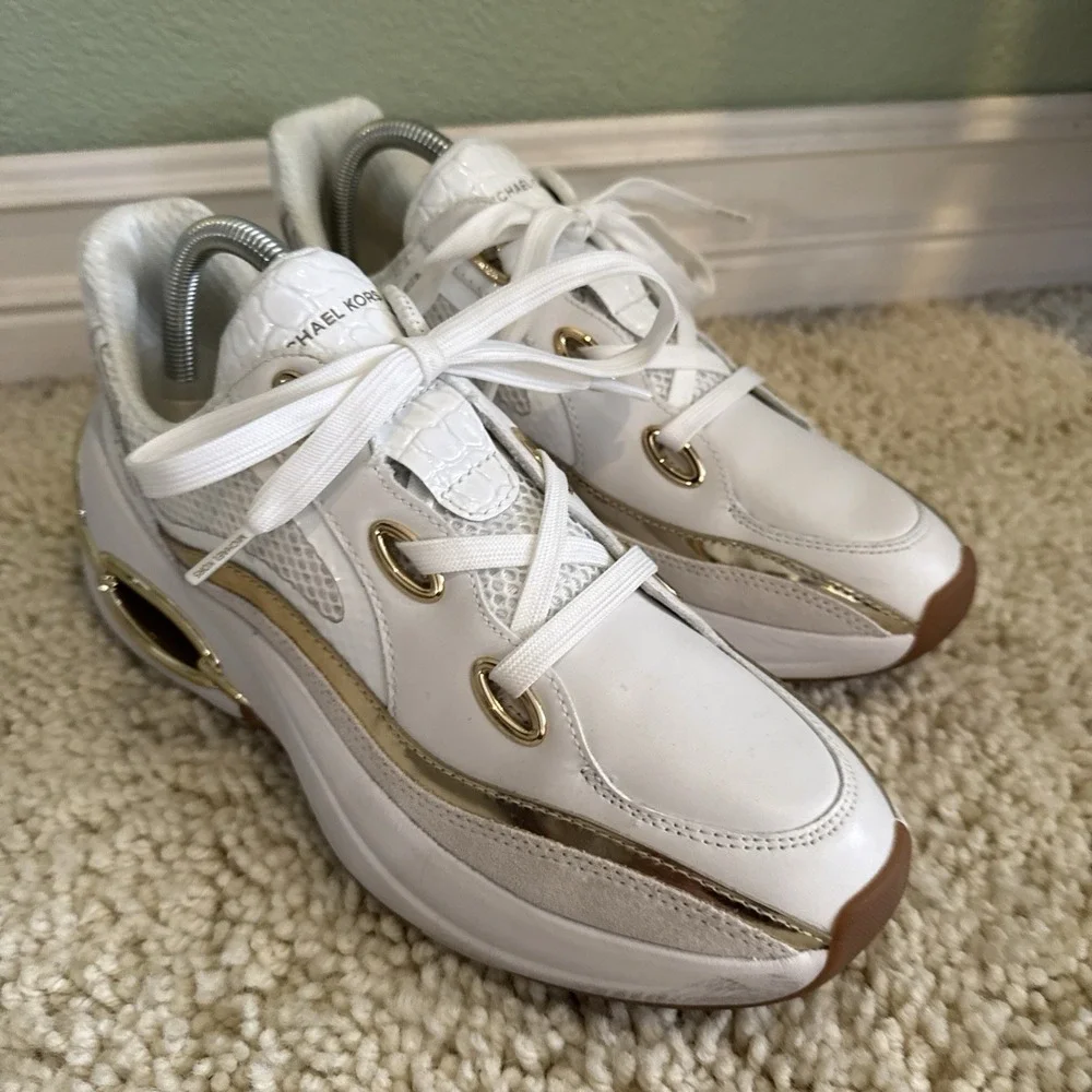 Michael Kors Toni Trainer White Gold Women's Athletic Sneakers 9 Designer Bling